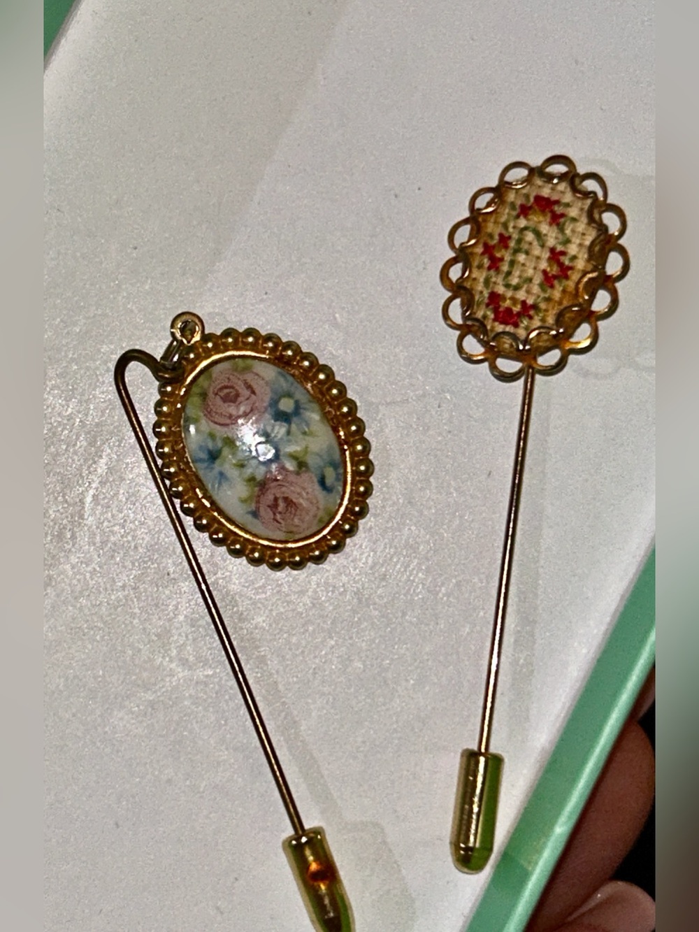 Gold Floral Cabochon Cross-stitch Letter E Initial Stick Pin Set of 2 - Victoria